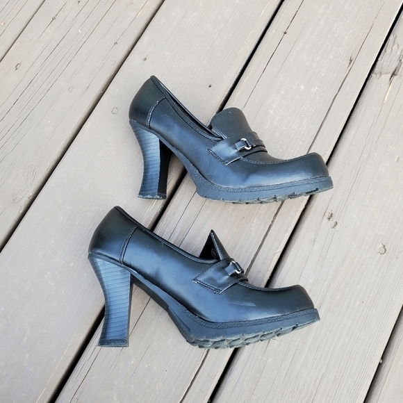 Vintage 90s y2k Bratz Black Faux Vegan Leather Horsebit Vamp Moc Toe Chunky Heel - Picture 3 of 8